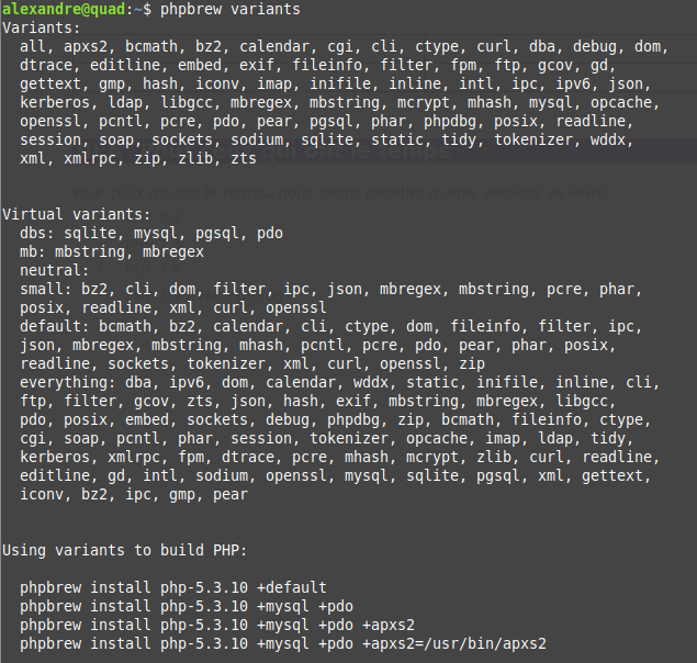 Capture d'écran du résultat de la commande phpbrew variant