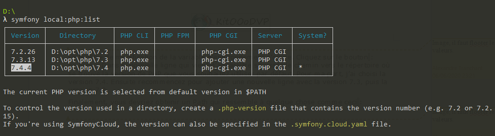 Capture d'écran montrant que Symfony détecte bien nos trois versions de PHP